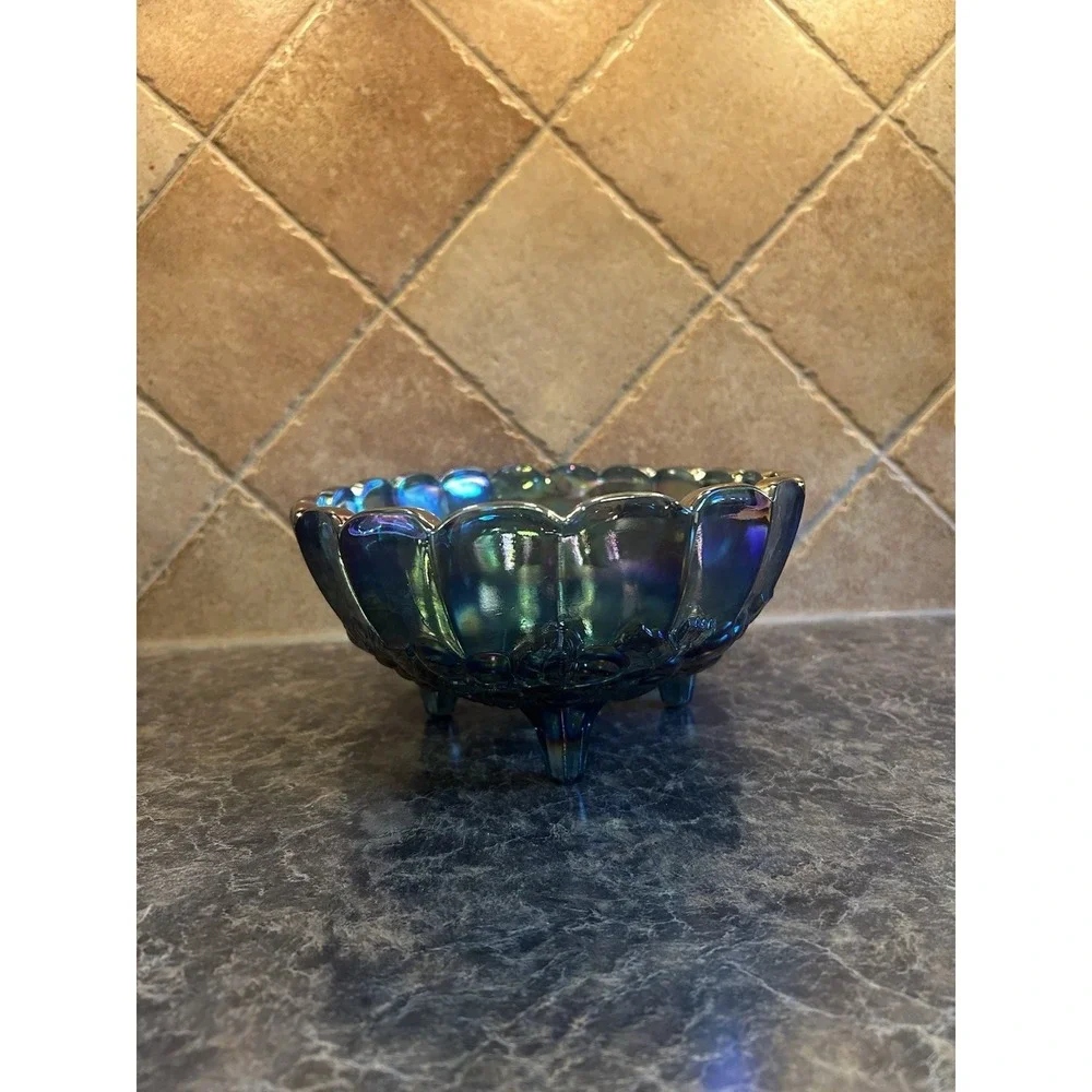 VTG Indiana Iridescent Carnival Glass BLUE Harvest Grape Footed Fruit Bowl